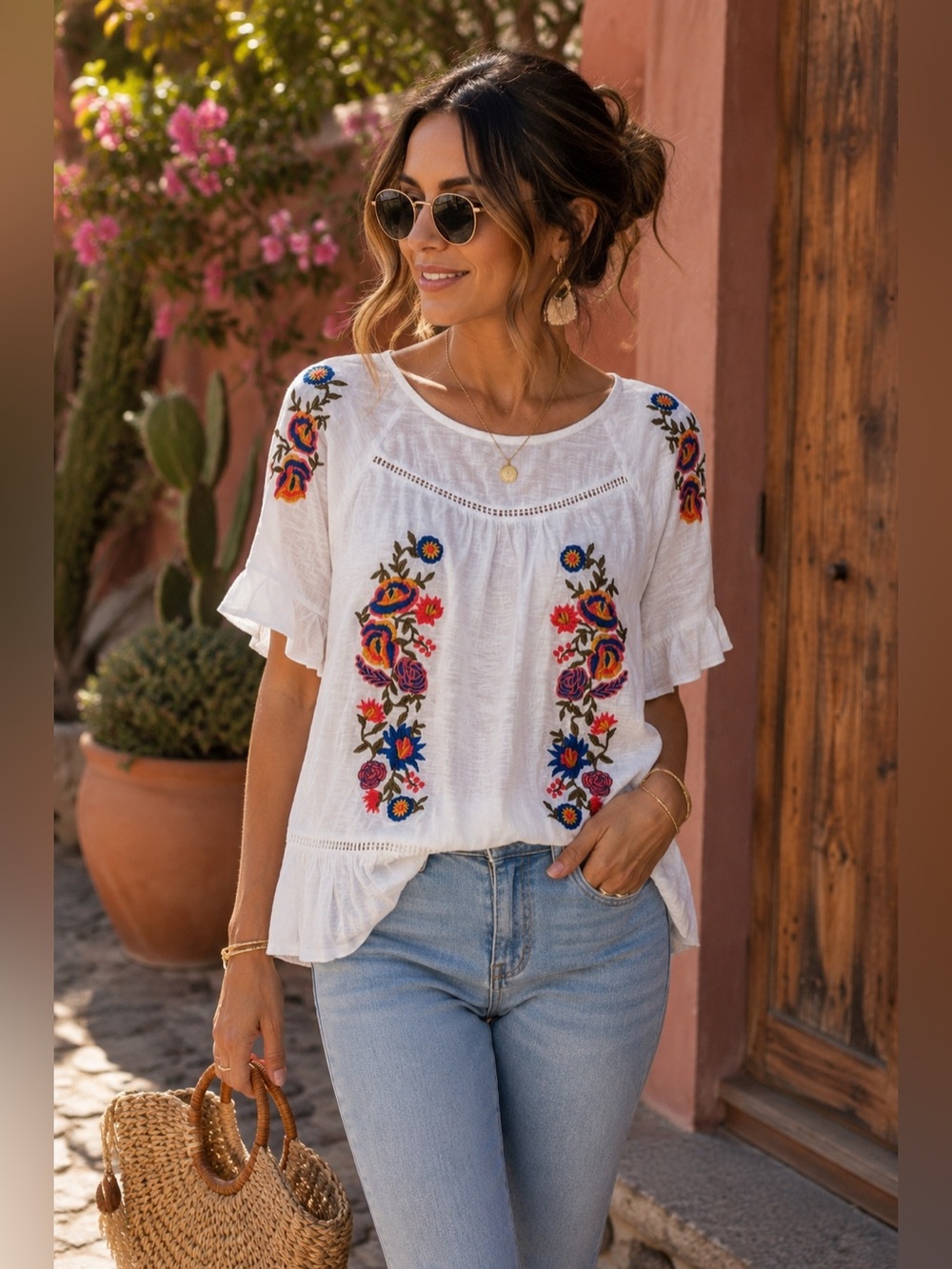 Neiman Marcus Embroidered Boho Floral Blouse | Western Chic Top Small
